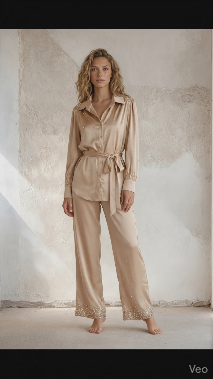 Julia - Satin skjorte med sten - Champagne; fra webshoppen Defend Dreams